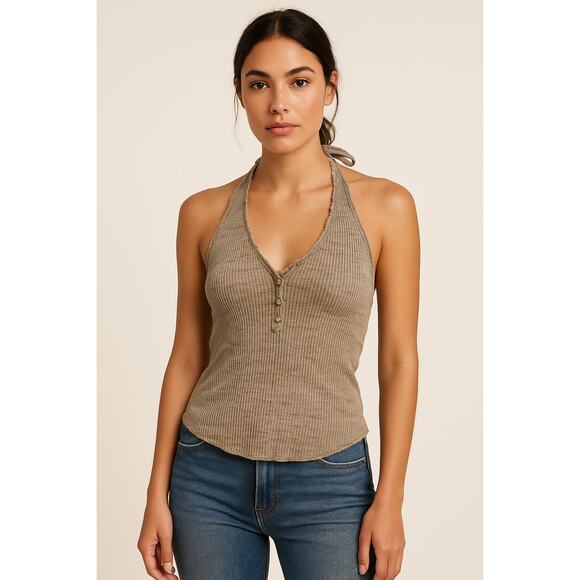 Pilcro Ribbed Halter Button Tank Top neutral taupe-gray XS - Picture 1 of 8